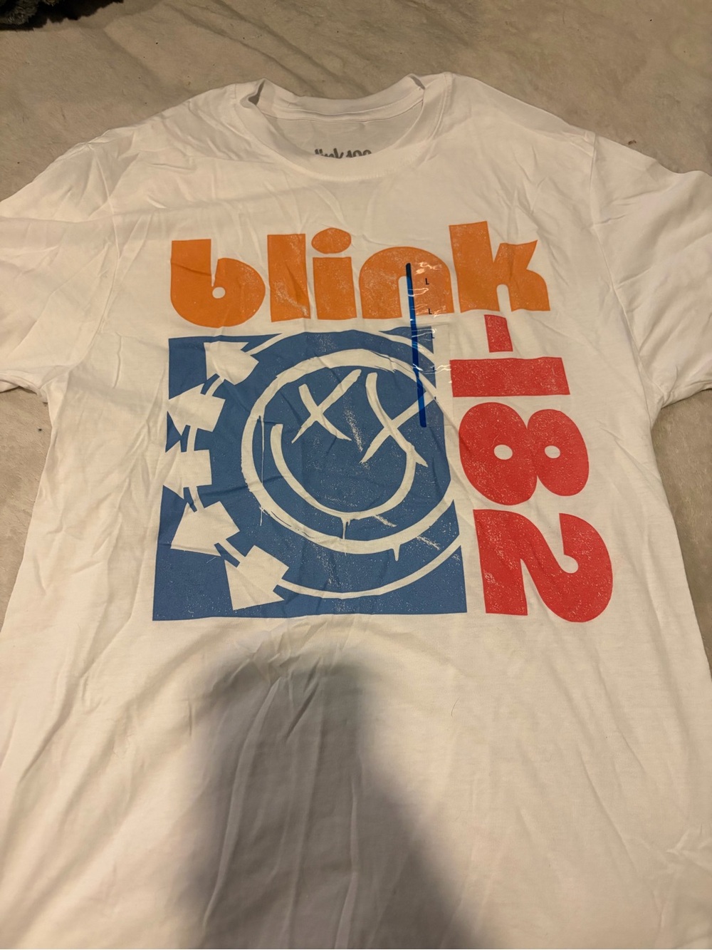 Blink 182 ' White Graphic Tee with Orange, Blue & Red Logo